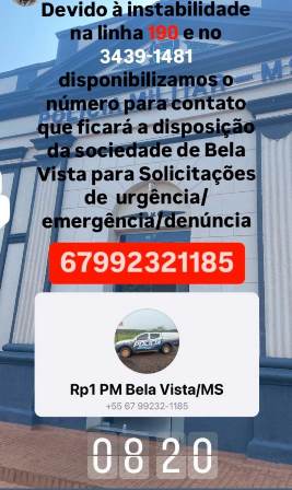 Polícia Militar de Bela Vista (MS) disponibiliza novo número de contato devido à instabilidade nas linhas 190 e 3439-1481